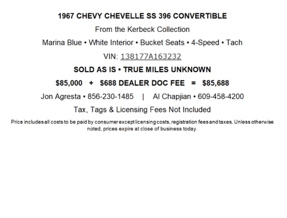 Used 1967 Chevrolet Chevelle SS 396 Convertible from the Kerbeck Collection for sale $85,000 at Rolls-Royce Motor Cars Philadelphia in Palmyra NJ 08065 3